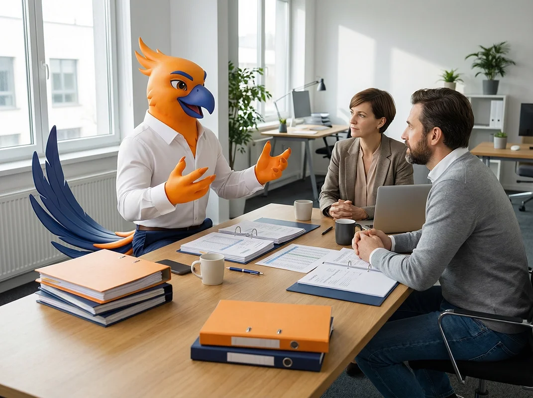 Figurs' Figgy the phoenix mascot with orange feathers, blue beak, and blue tail feathers, sitting at a conference table with two professionals in an office, engaged in a discussion.