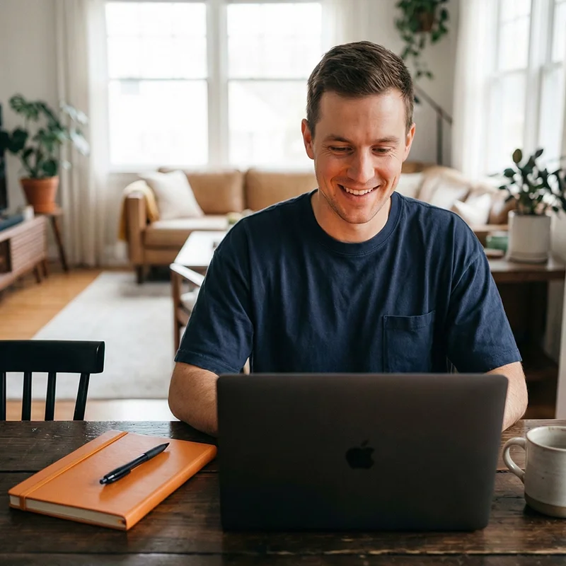 A man sitting at a wooden table using a laptop in a well-lit living room with large windows, a beige couch, and indoor plants.