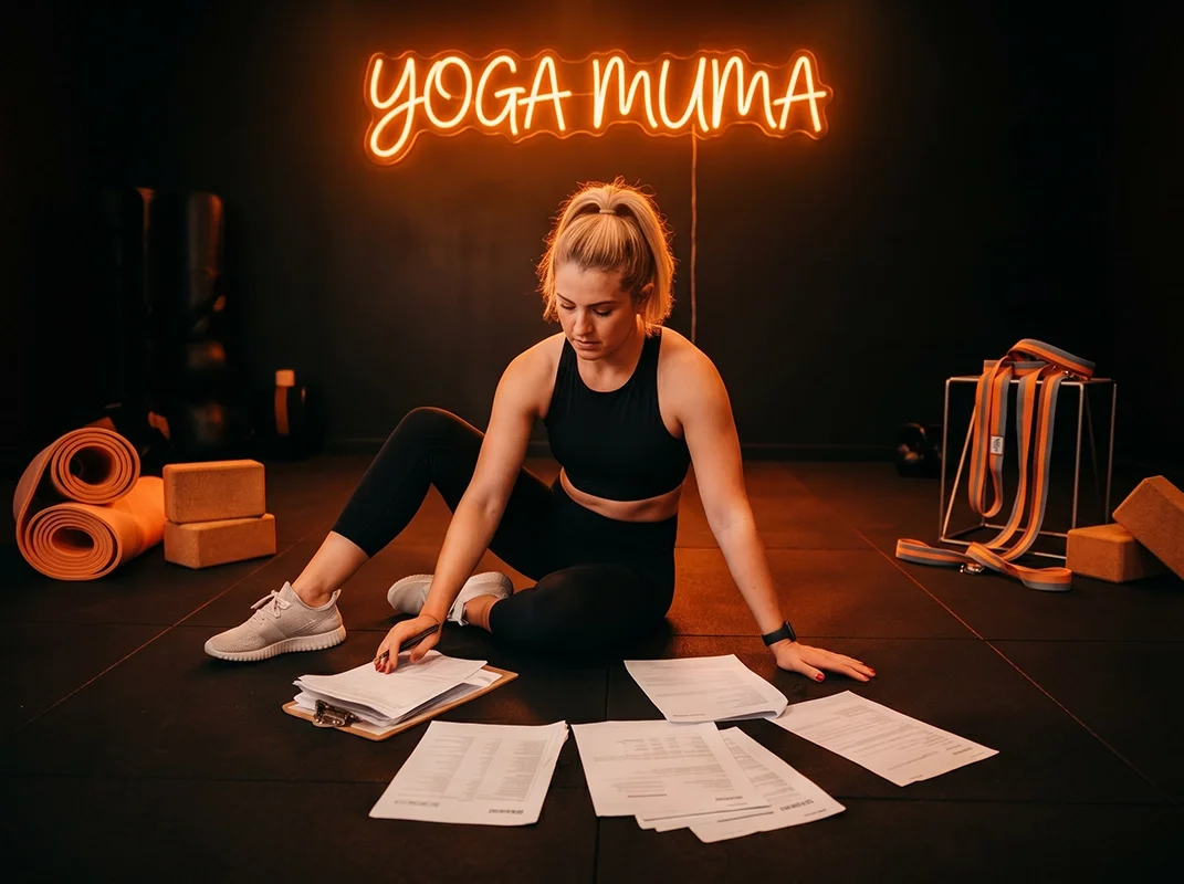 Woman reviewing fitness and yoga financial documents on the floor of a gym with a neon sign that reads 'YOGA MUM' in the background.