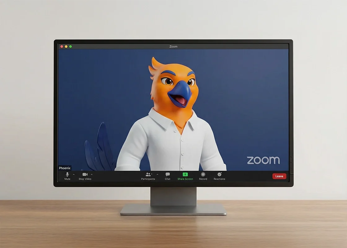A computer monitor displaying a Zoom video call with Figurs' Figgy the phoenix mascot dressed in a white shirt.