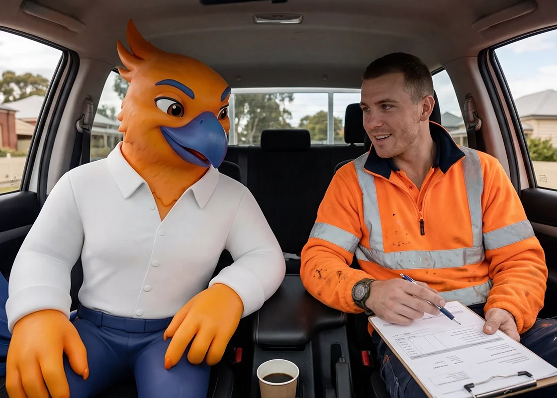 Figurs' Figgy the phoenix mascot sitting inside a car and talking with a tradesman in an orange safety jacket holding a clipboard and pen, with a cup of coffee on the dashboard.