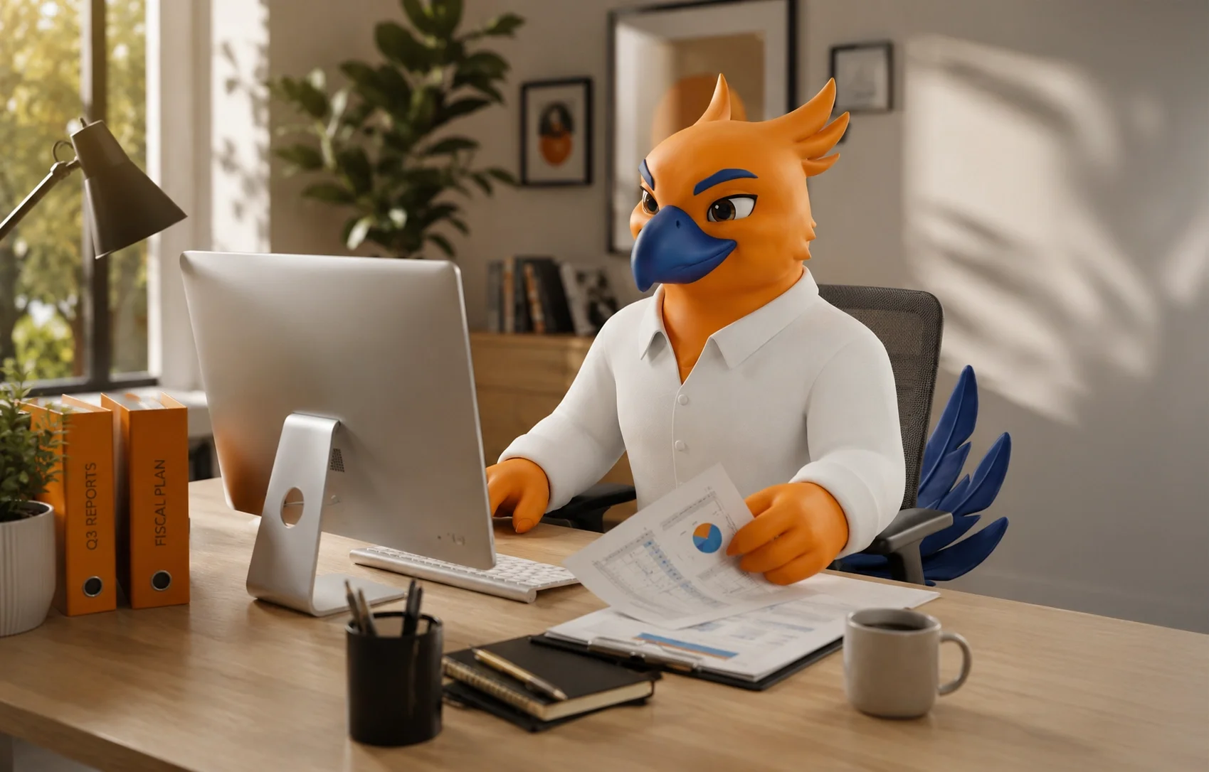Figurs' Figgy the phoenix mascot working at a desk in an accountant office, looking at paperwork and using a computer, with office supplies and plants around.