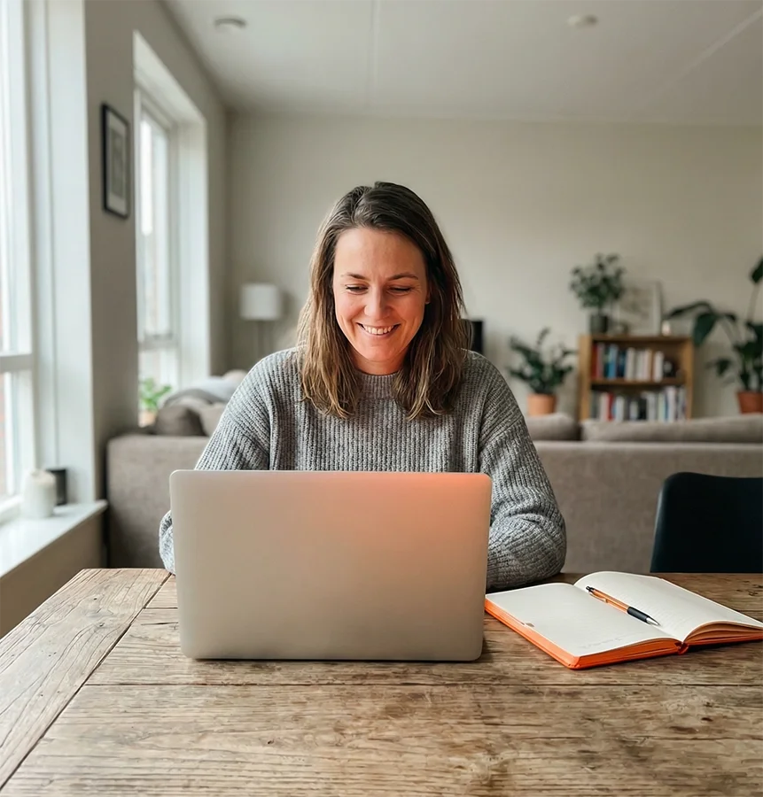 Woman smiling while working on a laptop at a wooden table in a bright living room with windows and houseplants.