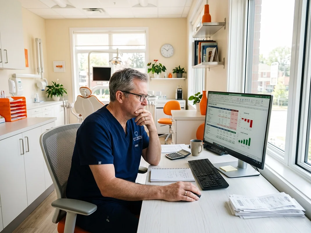 A male dentist in a navy scrubs, working at a desk in a bright dental clinic. He is looking at charts and data for his business financial figures on a large computer monitor with a thoughtful expression.