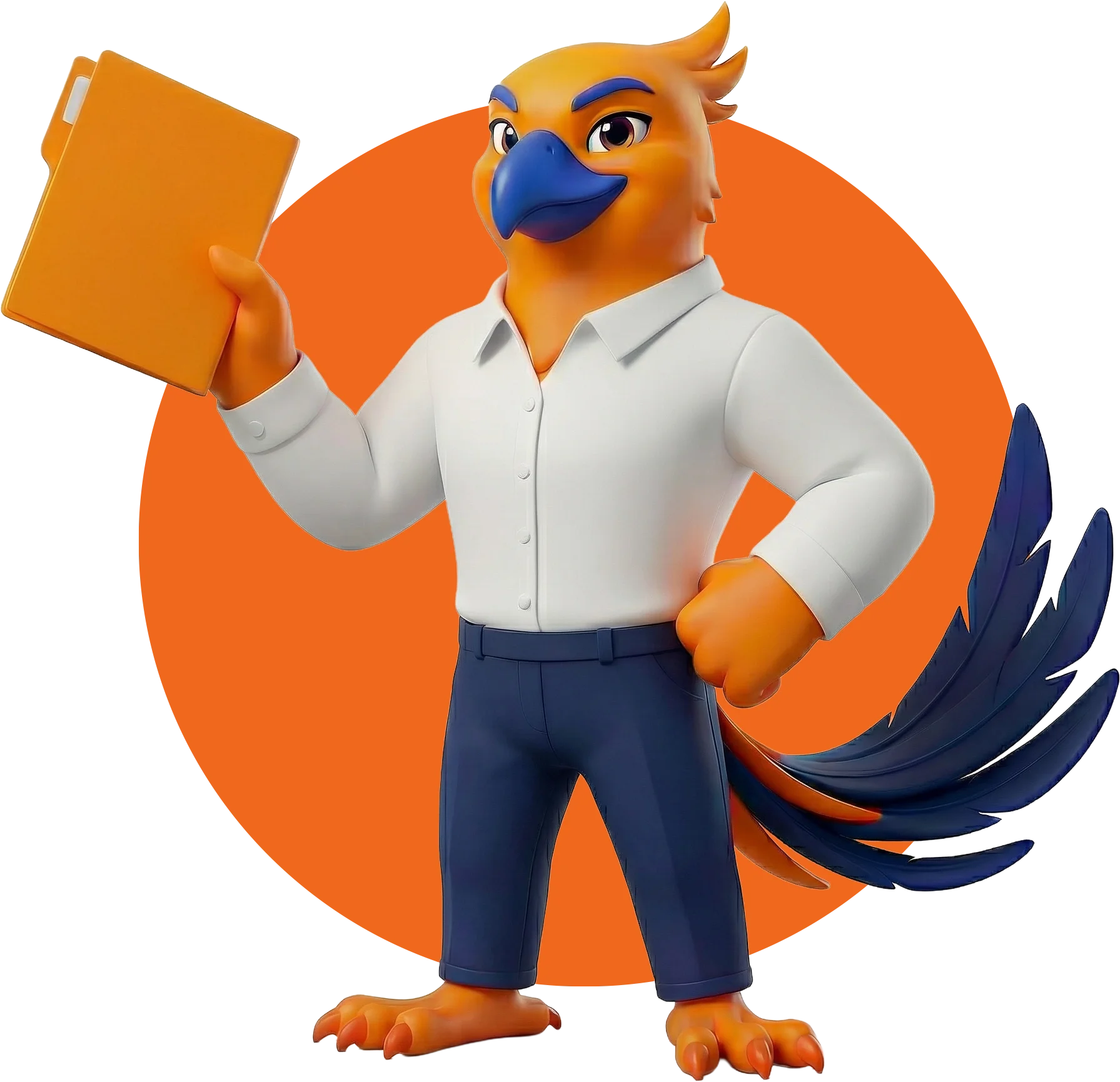 Figurs' Figgy the phoenix mascot character with orange feathers, blue beak, blue talons, dressed in a white shirt and blue pants, holding an orange folder, standing in front of an orange circle background.