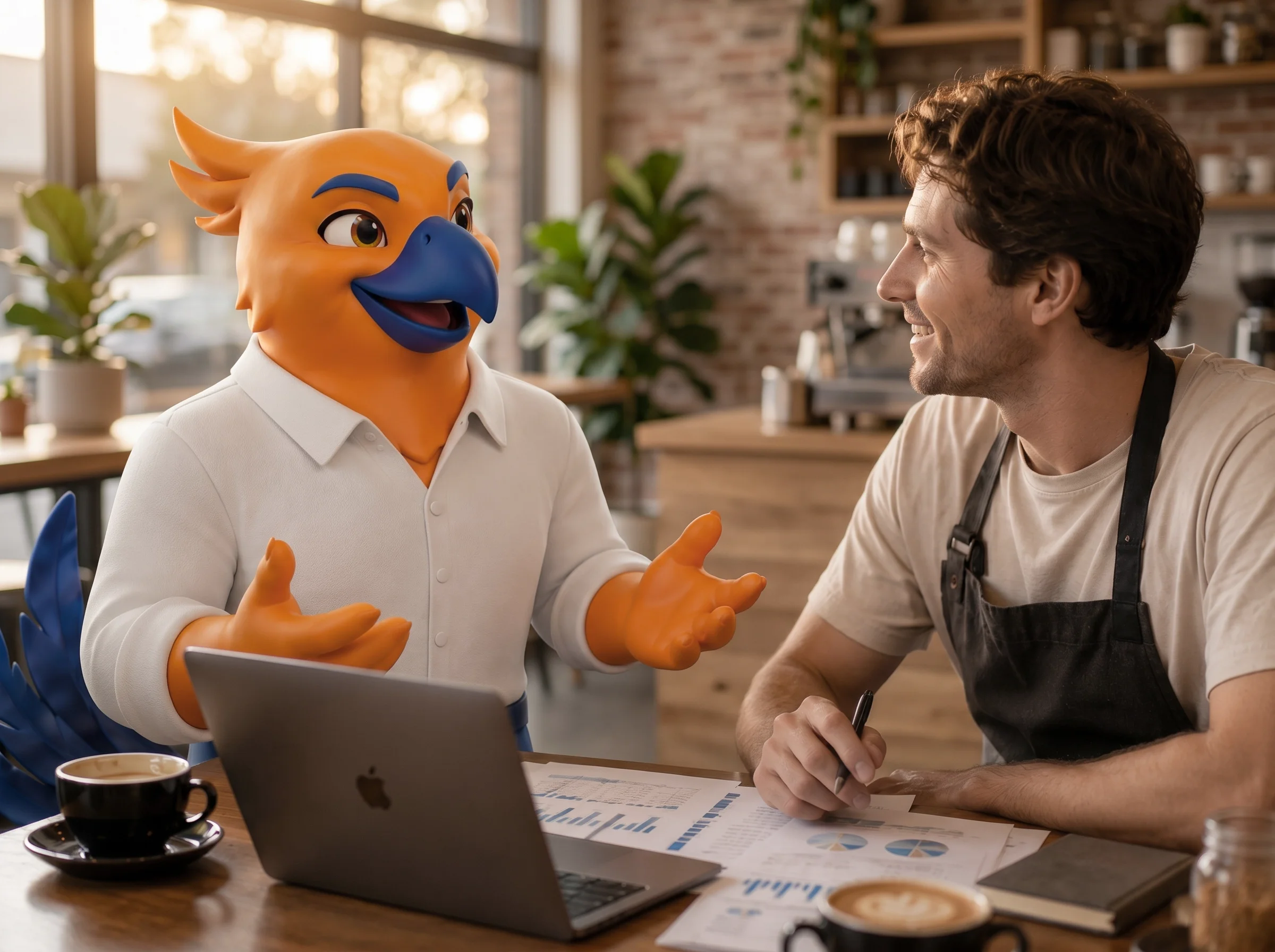 A person working on financial documents with charts and graphs, sitting next to a large laptop, with a Figurs' Figgy the phoenix mascot engaged in conversation nearby at a cozy cafe.