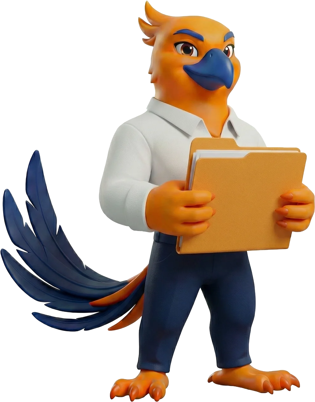 Figurs' Figgy the phoenix mascot, an anthropomorphic phoenix with orange feathers, blue beak, and blue tail feathers, dressed in white shirt and blue pants, holding orange file folders.