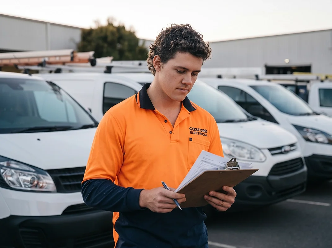 A young man wearing an orange and black tradie uniform, holding a clipboard of client invoices and staff timesheets, standing in front of a row of white work vans.