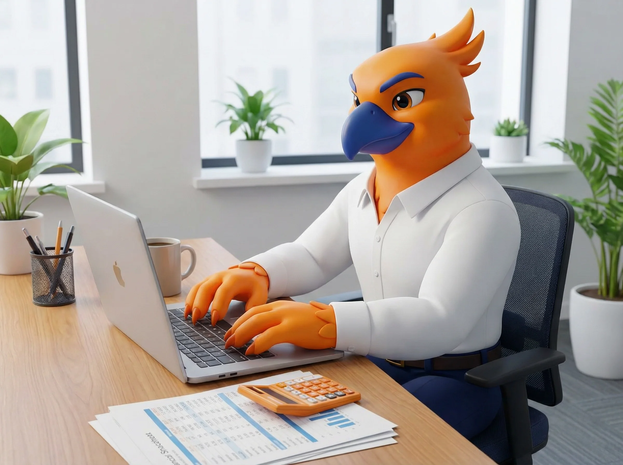 Figurs' Figgy the phoenix mascot with orange feathers, blue beak, and eyebrows, dressed in a white shirt, sitting at a desk working on a silver laptop in an office with plants and papers.