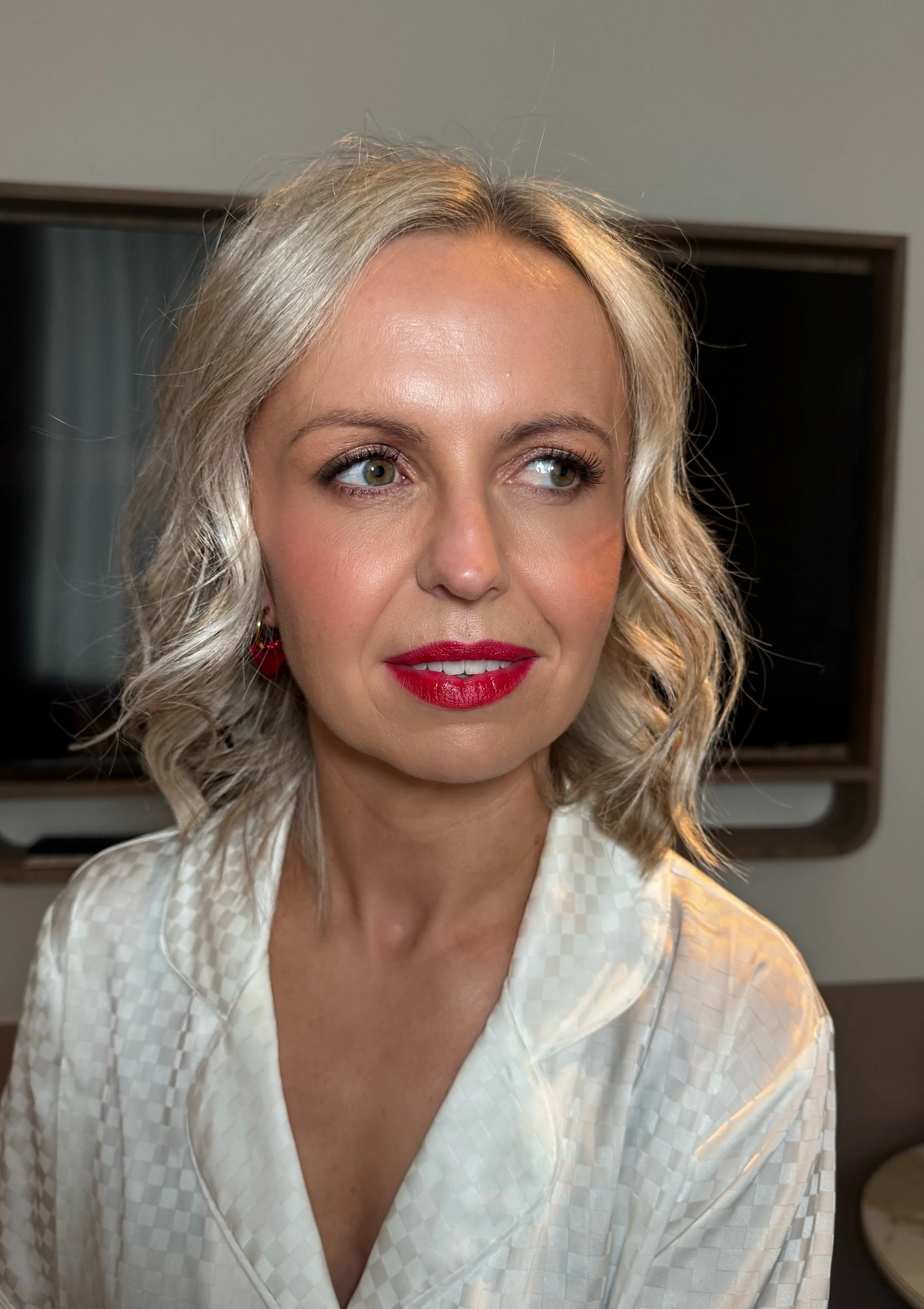 Bridal makeup with a red lip and glowing skin in Melbourne by Bec Brown
