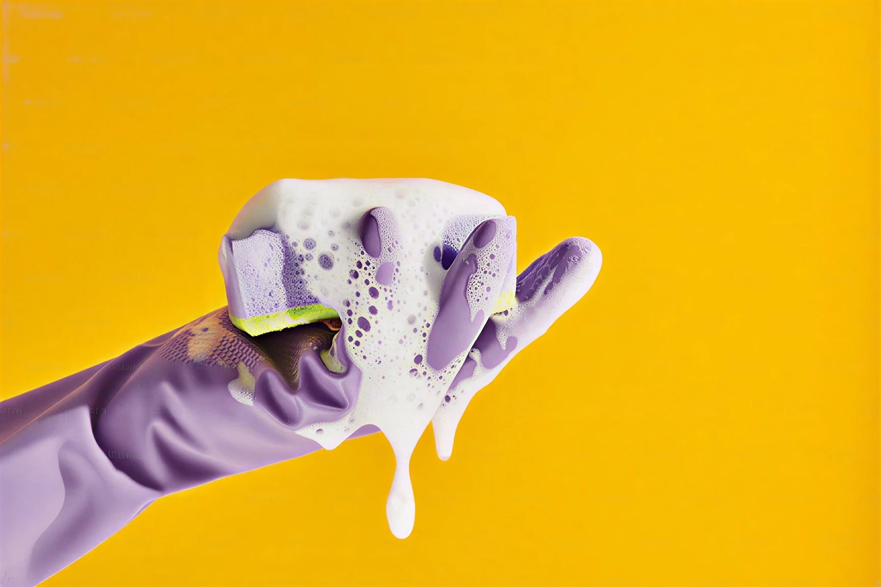 A purple cleaning glove holding a yellow sponge with purple cleaning liquid and foamy soap on a vibrant yellow background.