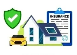 Illustration of home insurance elements, including a shield with a checkmark, a house with a solar panel, a car, and an insurance policy document.