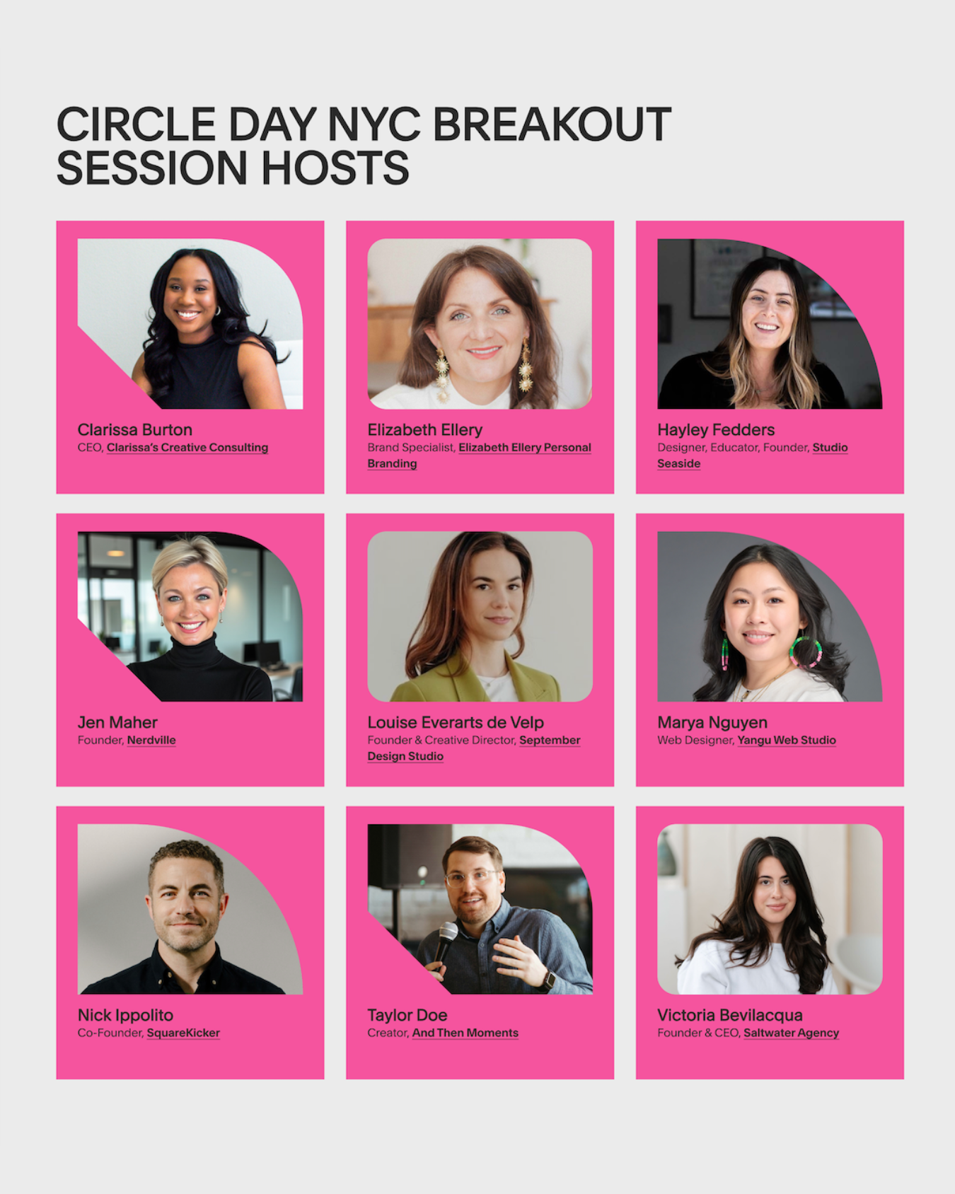 A poster for Circle Day NYC with headshots of nine session hosts. Each host's name and title are listed below their photo, on a pink background with rounded edges in some corners.
