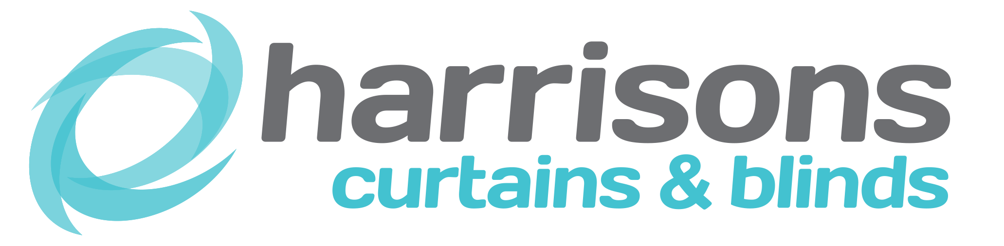 Harrisons Curtains & Blinds logo with a stylized blue swirl and gray and blue text.
