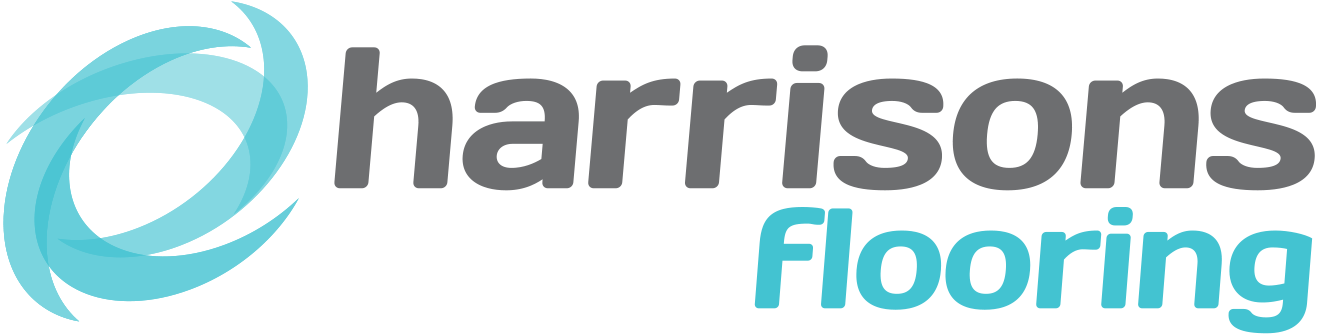 Harrisons Flooring logo with stylized blue circular design and gray and blue text.