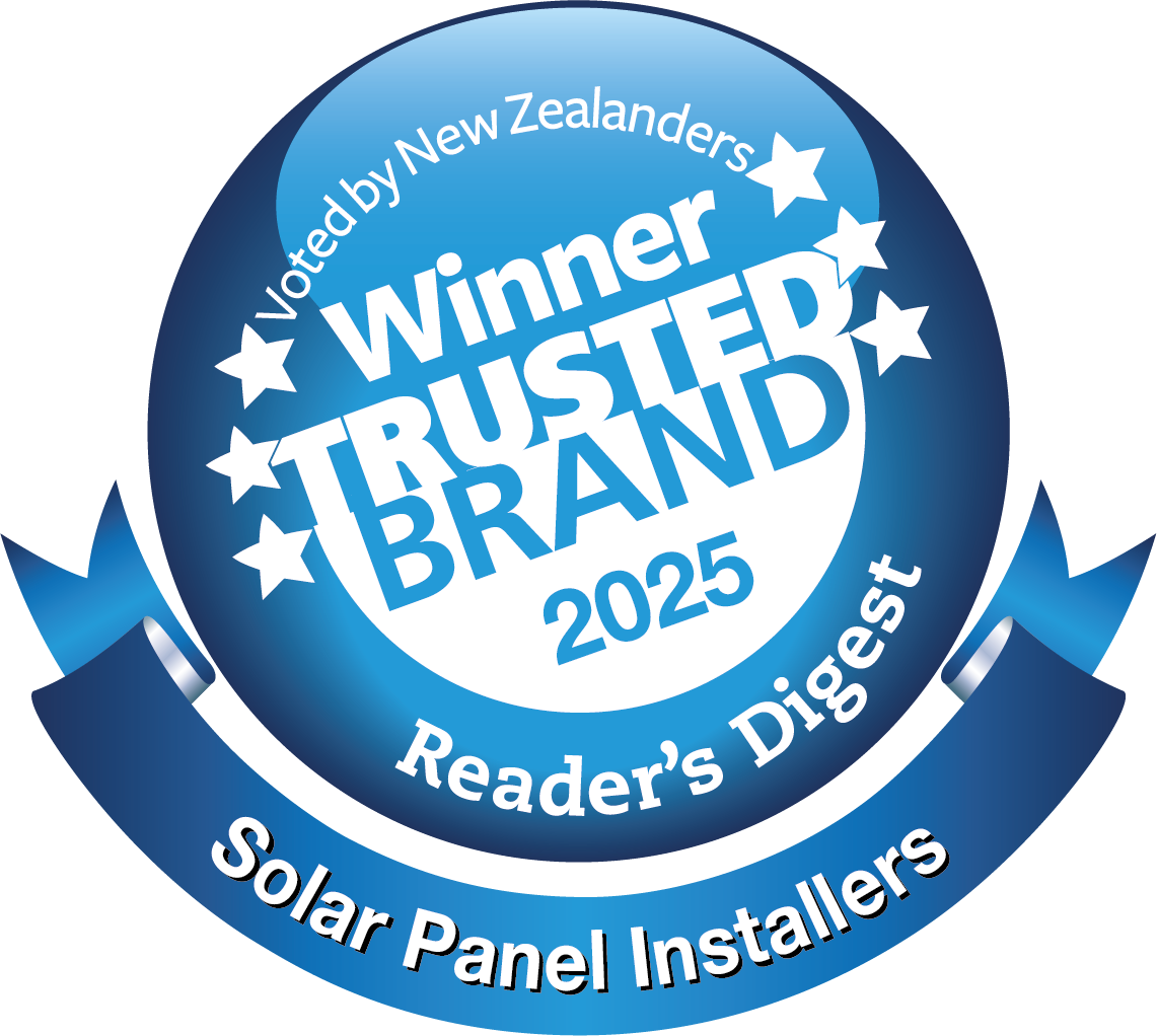 Blue badge with white text that reads "Voted by New Zealanders Winner TRUSTED BRAND 2025 Reader's Digest Solar Panel Installers" surrounded by white stars