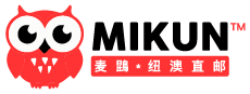 Logo featuring a red cartoon monster with large eyes and sharp teeth, with the text 'MIKUN' in bold black letters above it.