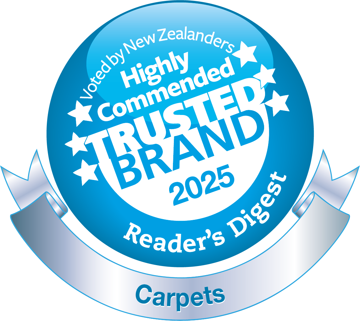 Blue badge with white text that reads 'Voted by New Zealanders Highly Recommended BRAND 2025 Reader's Digest Carpets' with white stars and a silver ribbon.
