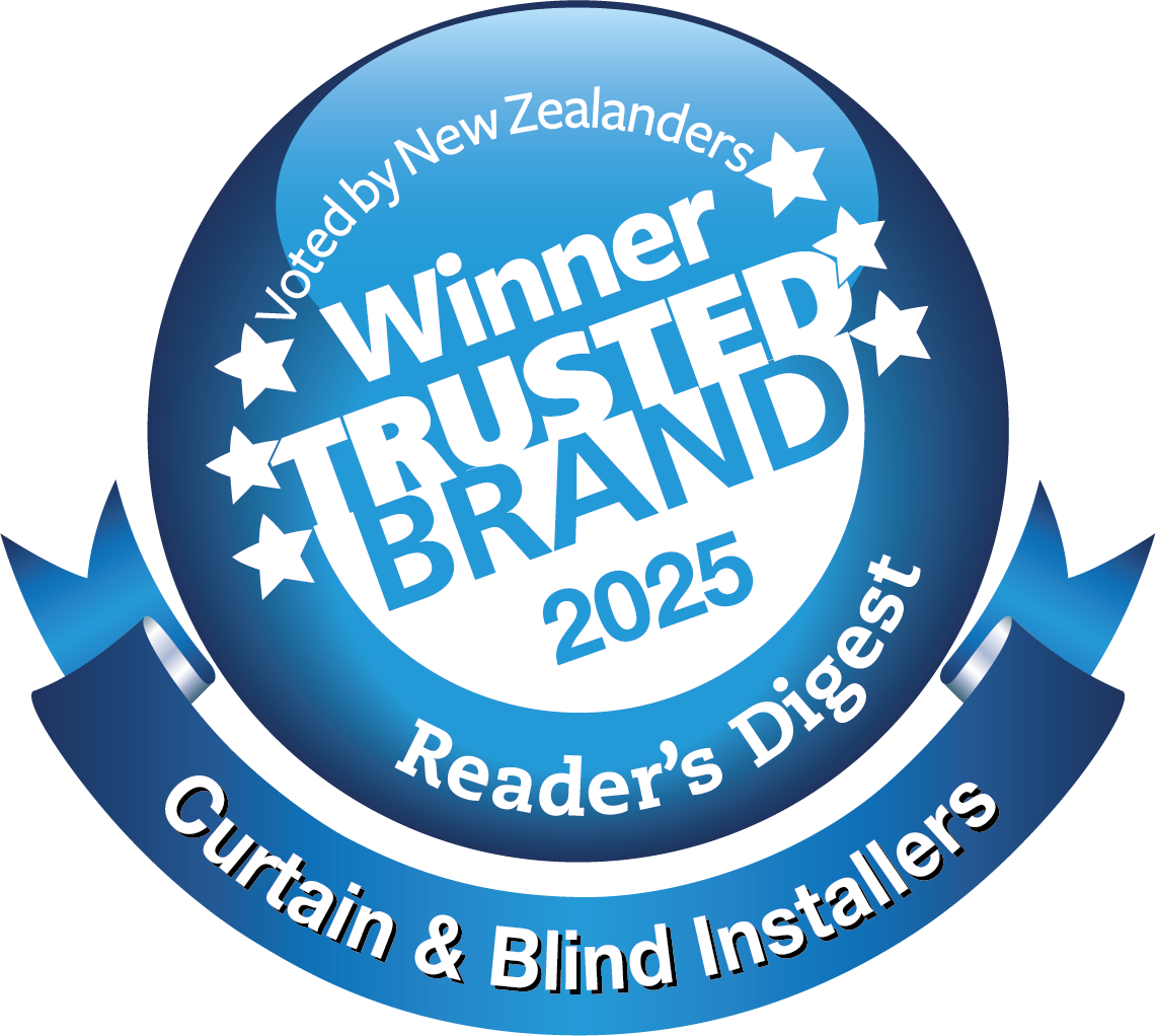 Blue Reader's Digest badge for Curtain & Blind Installers, 2025, indicating the winner of a consumer choice award voted by New Zealanders.