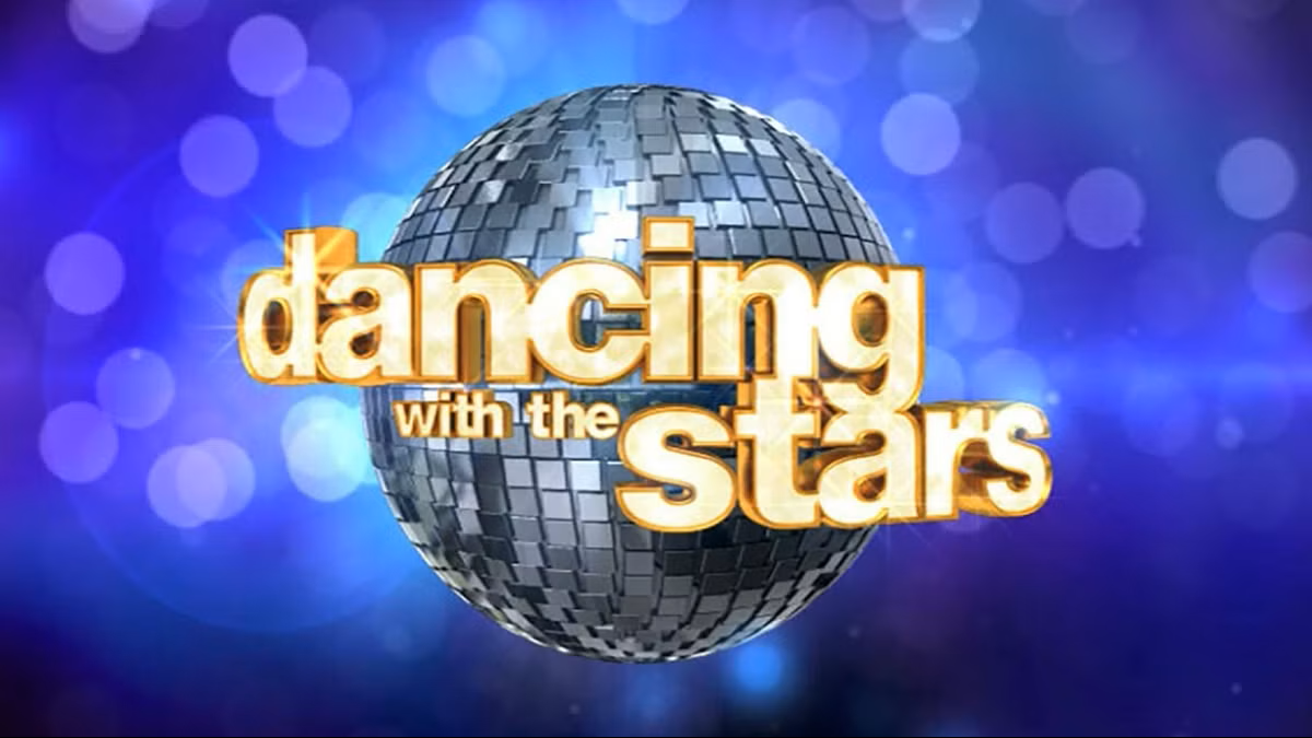 The logo for 'Dancing with the Stars' featuring a disco ball in the background with a purple and blue bokeh effect.