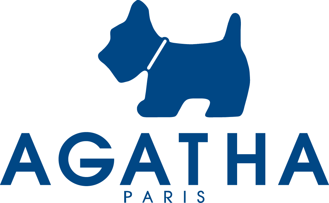 Logo of Agatha Paris featuring a stylized blue dog with the brand name written below in blue letters.
