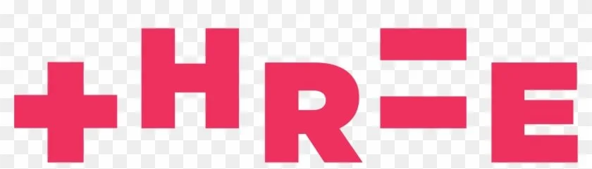 The word 'THREE' written with stylized pink letters and symbols, where plus and equal signs are used to form parts of the letters.