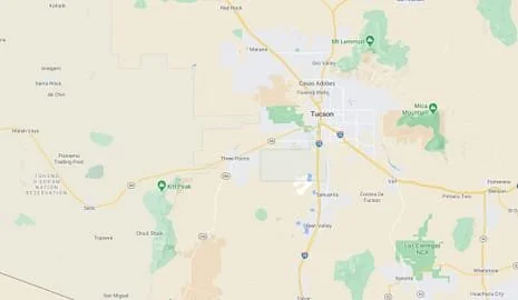 Map of Tucson, Arizona with surrounding areas and landmarks. First Class Attorney Services goes all over to accomplish service. We are the best in Southern Arizona.