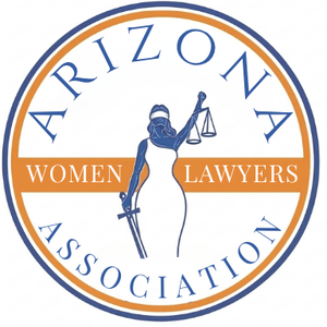 Logo for the Arizona Women's Lawyers Association featuring a stylized woman holding a gavel and scales of justice.