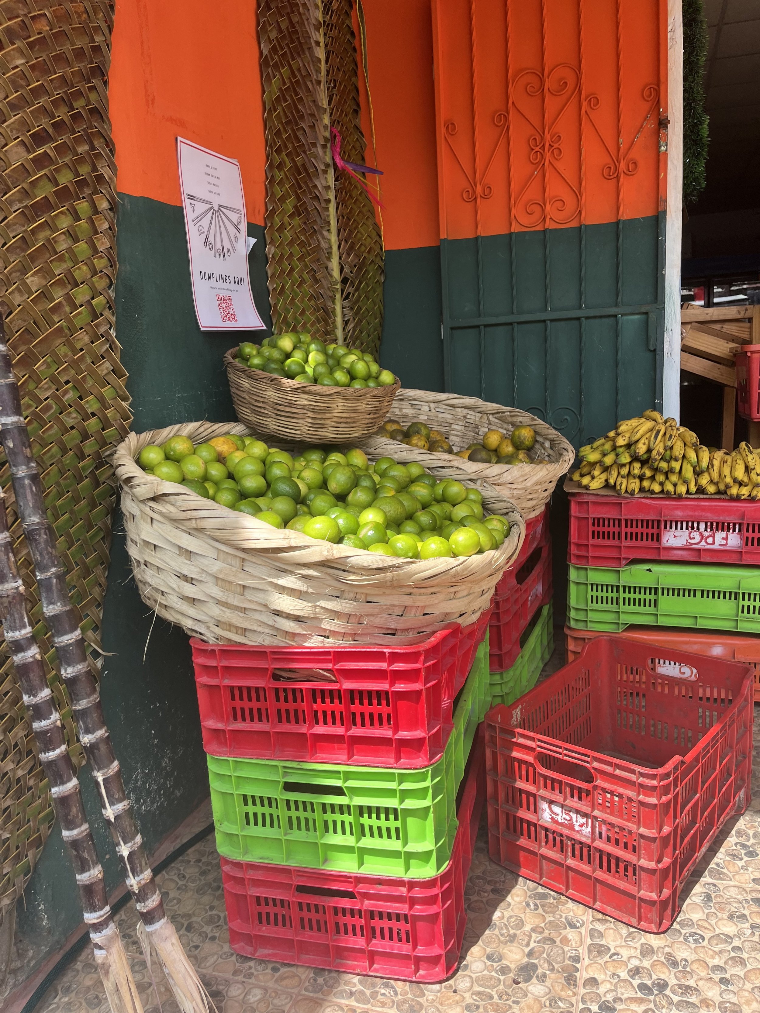 limes on top of colorful bins