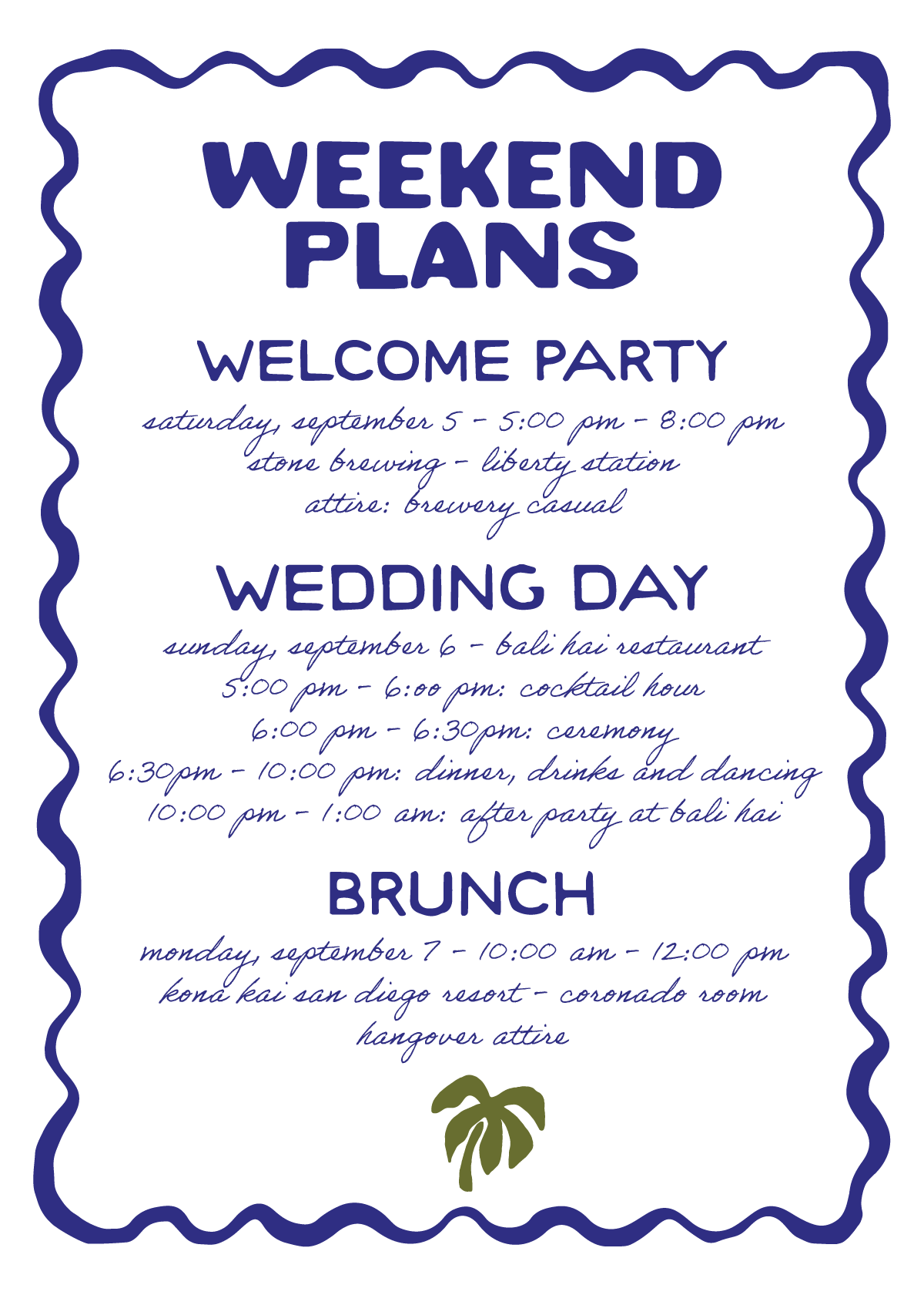 invite with green palm tree and blue type