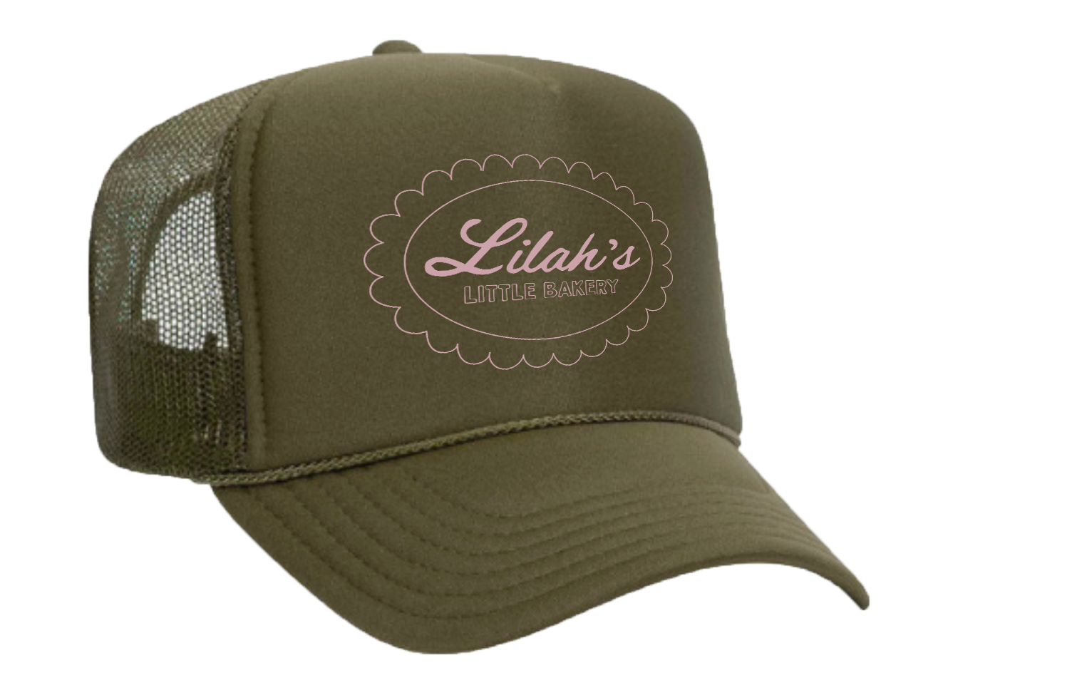 green trucker hat with pink lilahs in script