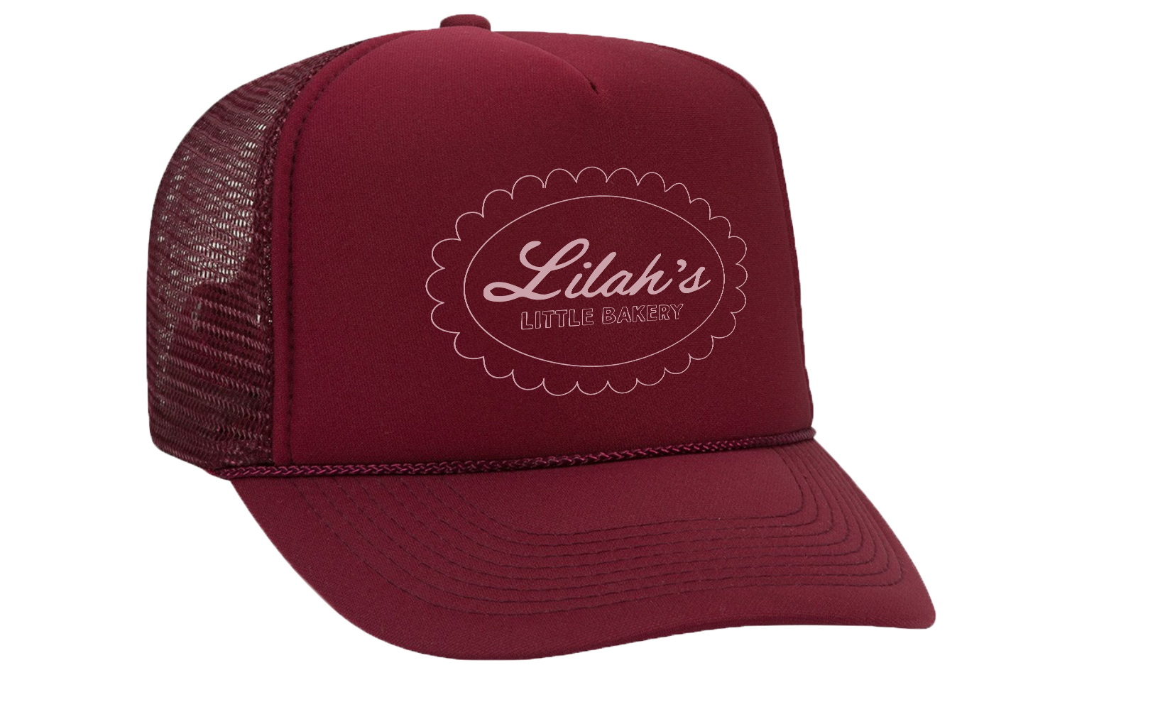 maroon trucker hat with pink lilah in script