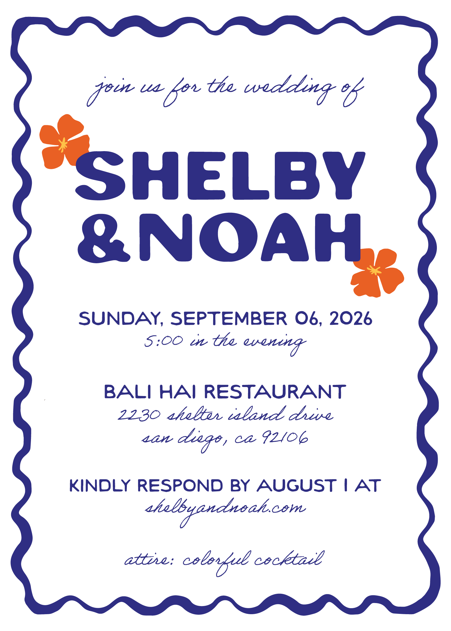 front of a wedding invitation blue wavey lines and orange and yellow tropical flowers