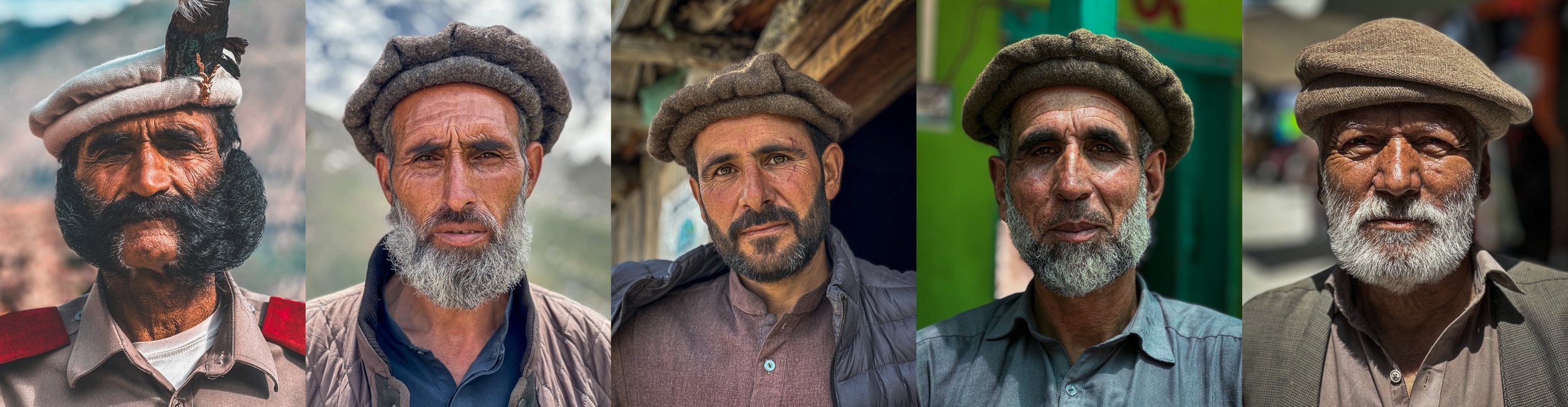 Portrait series of five men in traditional Pakol hats from Gilgit-Baltistan, northern Pakistan. Photography by Thomas Dohm.