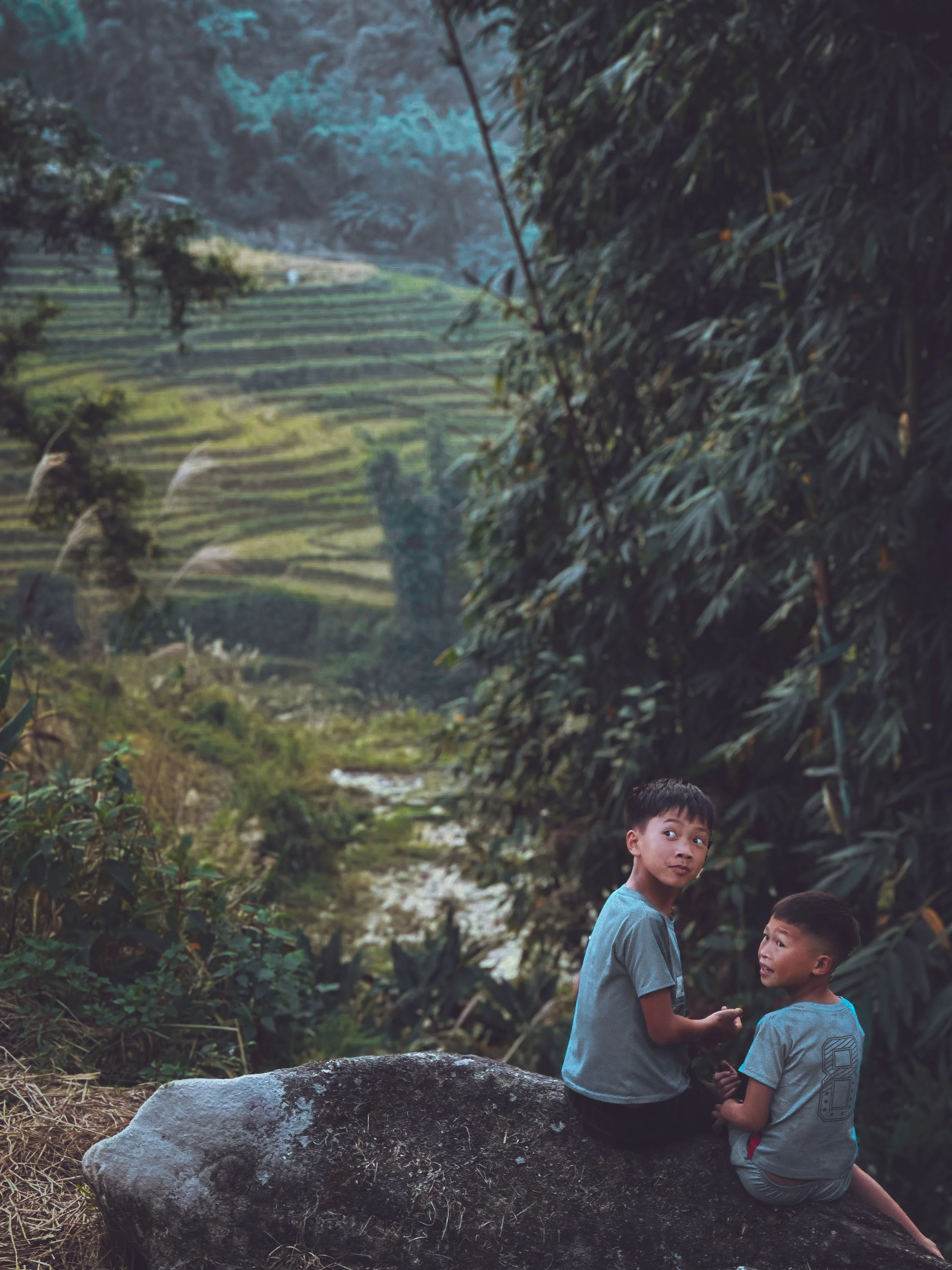 Two boys sitting on a rock among rice terraces in the misty hills near Sapa, northern Vietnam. Photography by Thomas Dohm.
