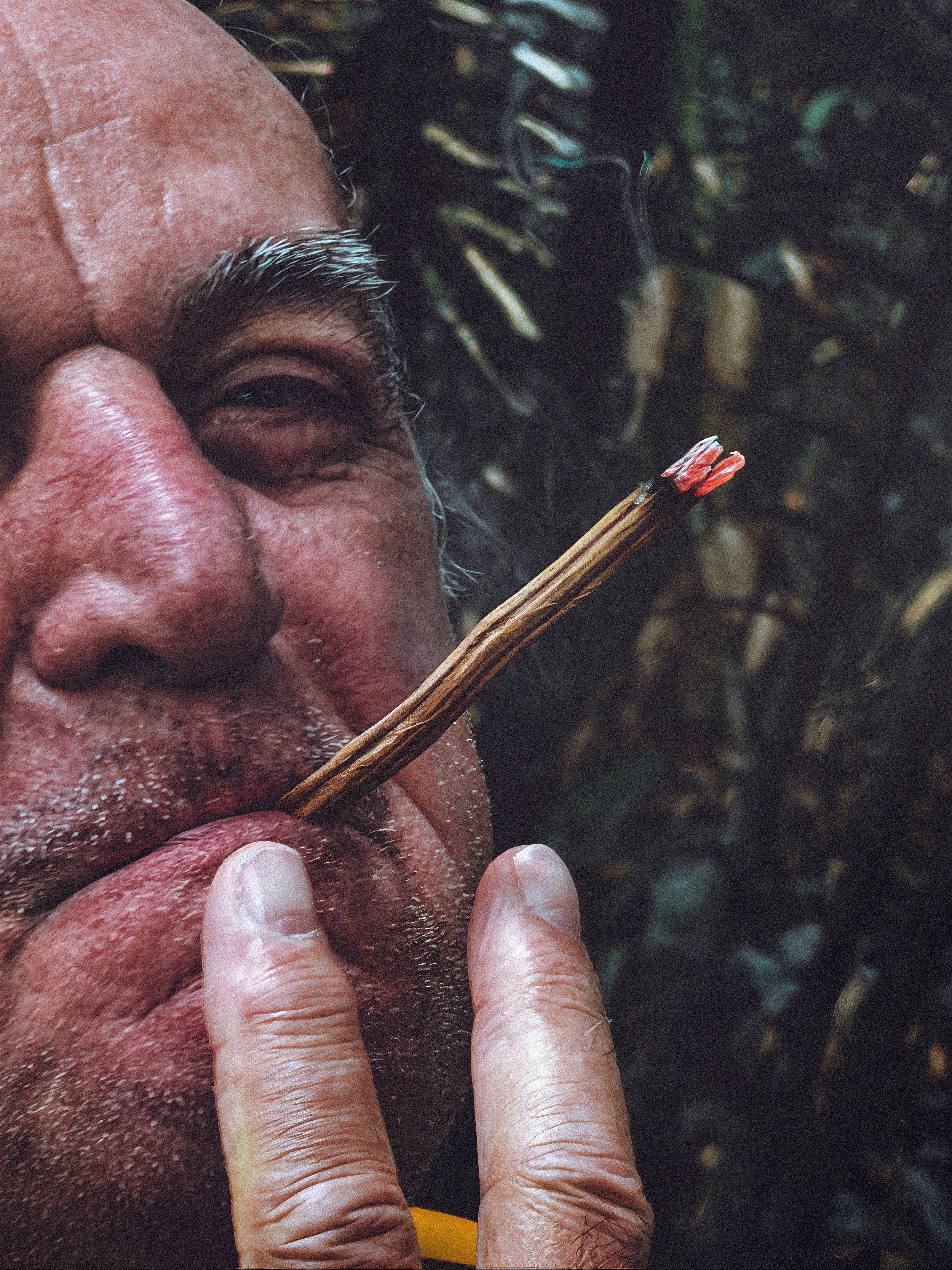 Close-up portrait of a man smoking through foliage in the Amazon Rainforest, Brazil. Photography by Thomas Dohm.