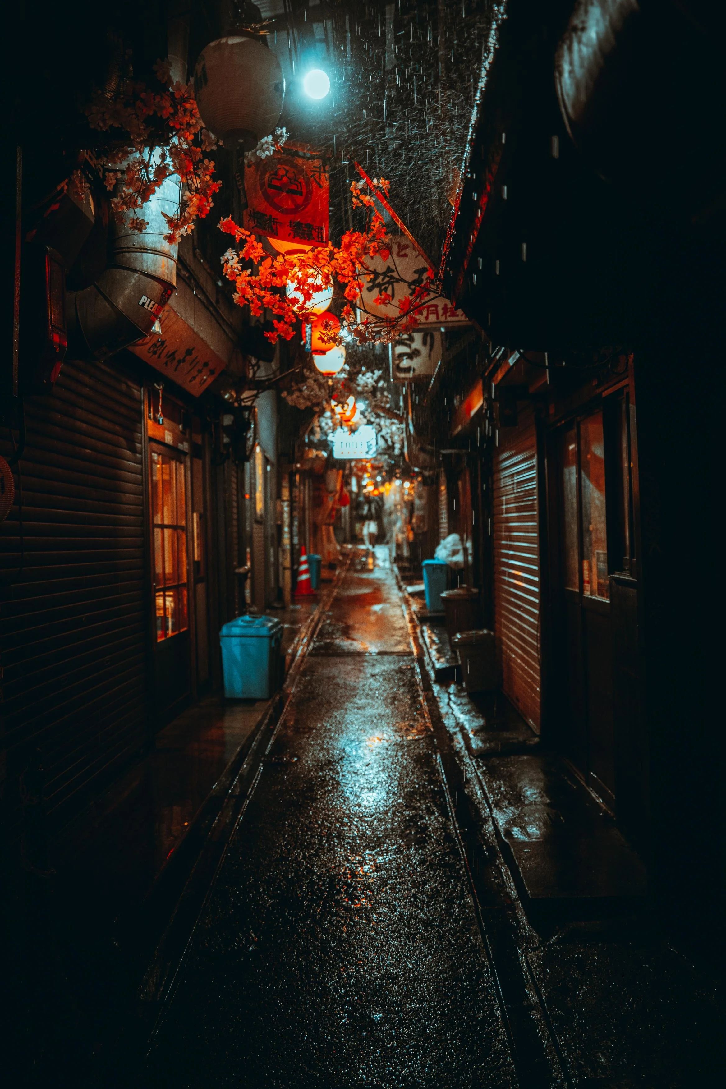 A wet, narrow alleyway at night illuminated by red and white lanterns and neon signs with Japanese characters. Cherry blossom decorations hang above, and the alley appears empty and reflective from recent rain.