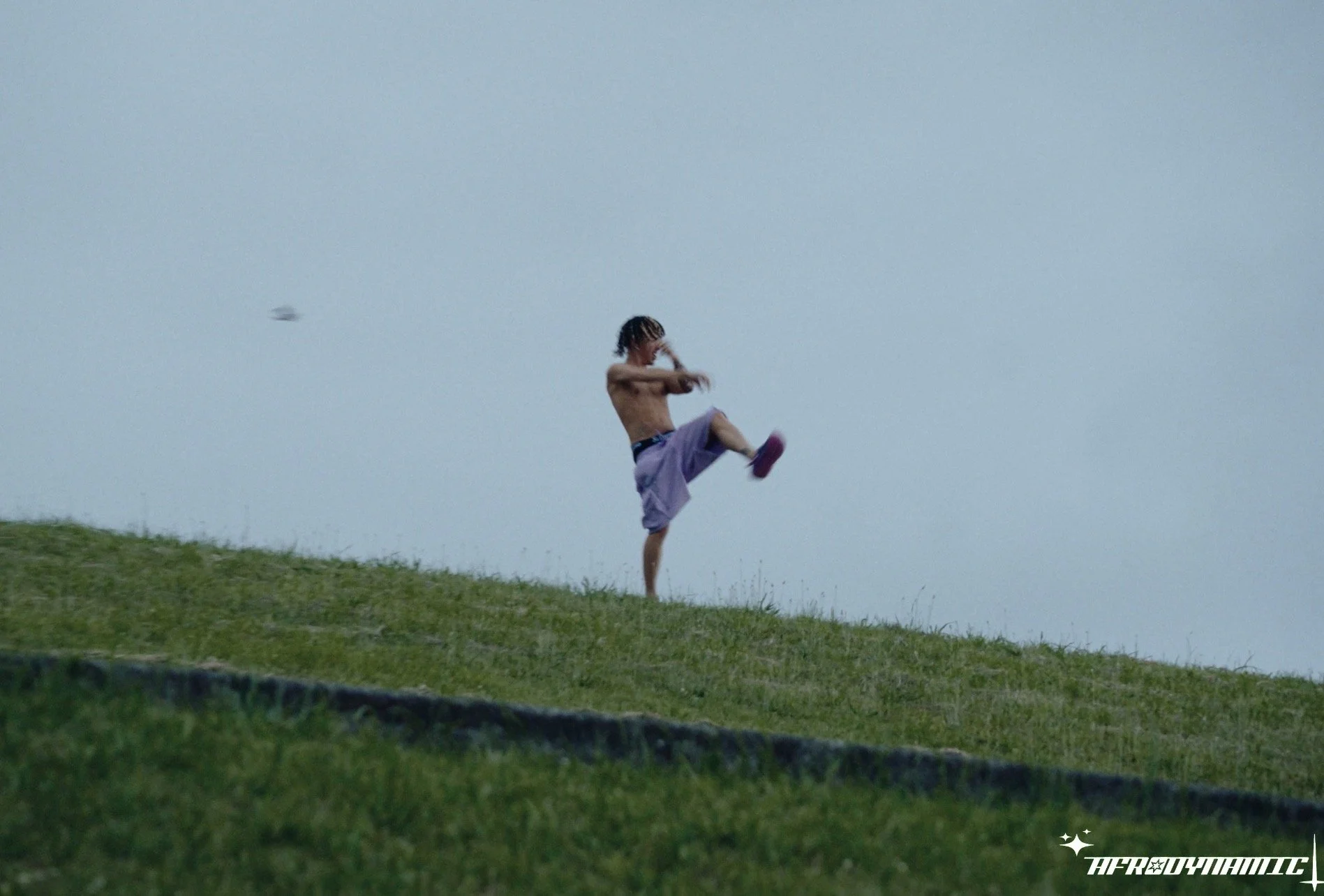 A shirtless man wearing purple shorts and purple shoes is standing on a grassy hill at dusk, lifting his leg in a karate kick. There is a small cloud or smoke in the sky to the left of the man, and the sky is a muted blue. In the bottom right corner,