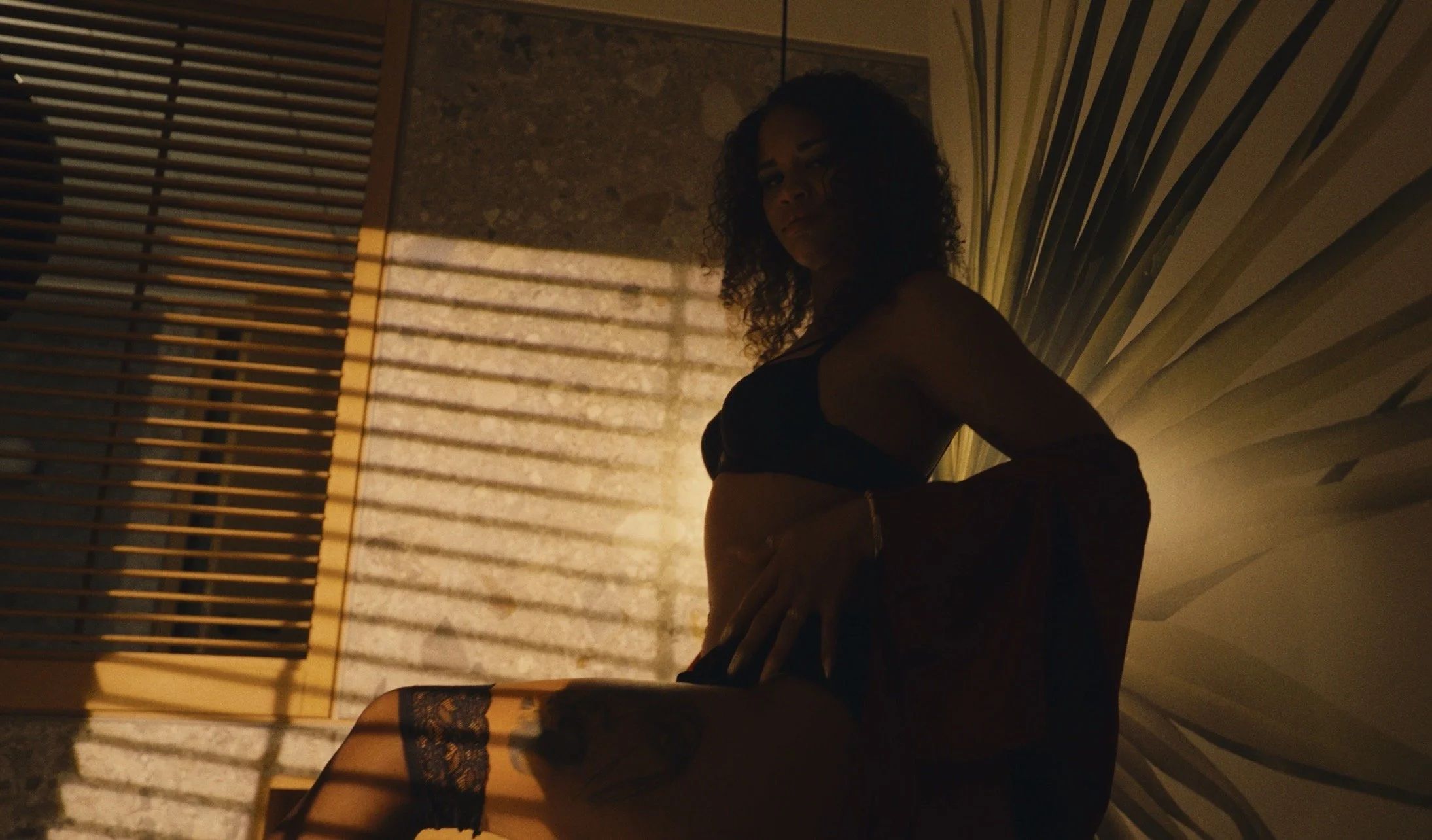 A woman with curly hair in lingerie and stockings sitting in a dimly lit room, with shadows cast on the wall behind her.