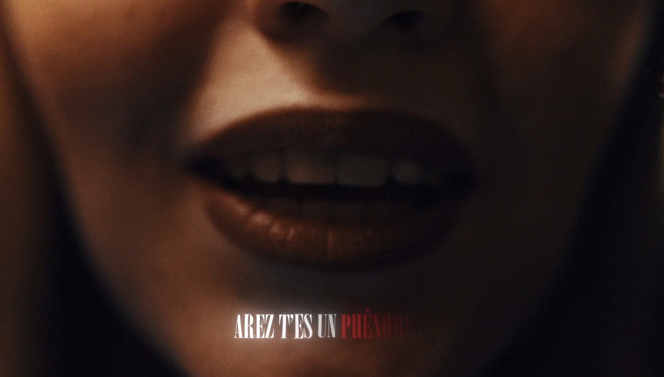 Close-up of a person's face focusing on their mouth and part of their nose, with dark lipstick. The image has text in French at the bottom.