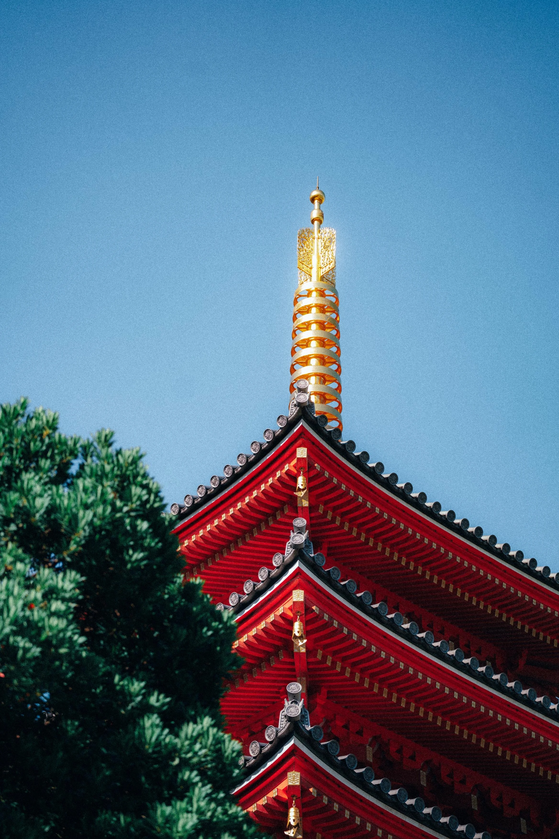 A traditional Japanese pagoda with a richly decorated roof, red walls, and a golden spire against a clear blue sky, partially obscured by green foliage.