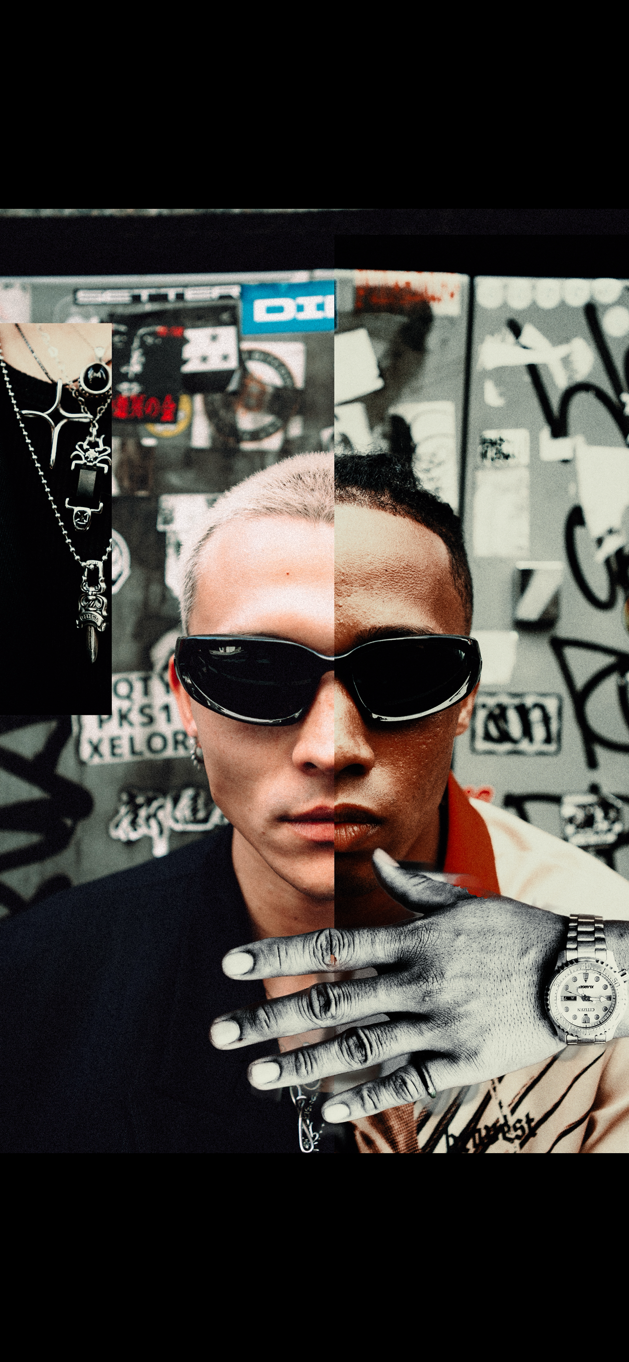 A divided portrait of two men with different skin tones, both wearing black sunglasses, against a graffiti-covered wall. The man on the left has short light hair and is dressed in black, accessorized with silver necklaces. The man on the right has short dark hair, a beige jacket with graffiti patches, and is wearing a large silver watch. His hand, covered in tattoos or a grayish design, is raised near his face.