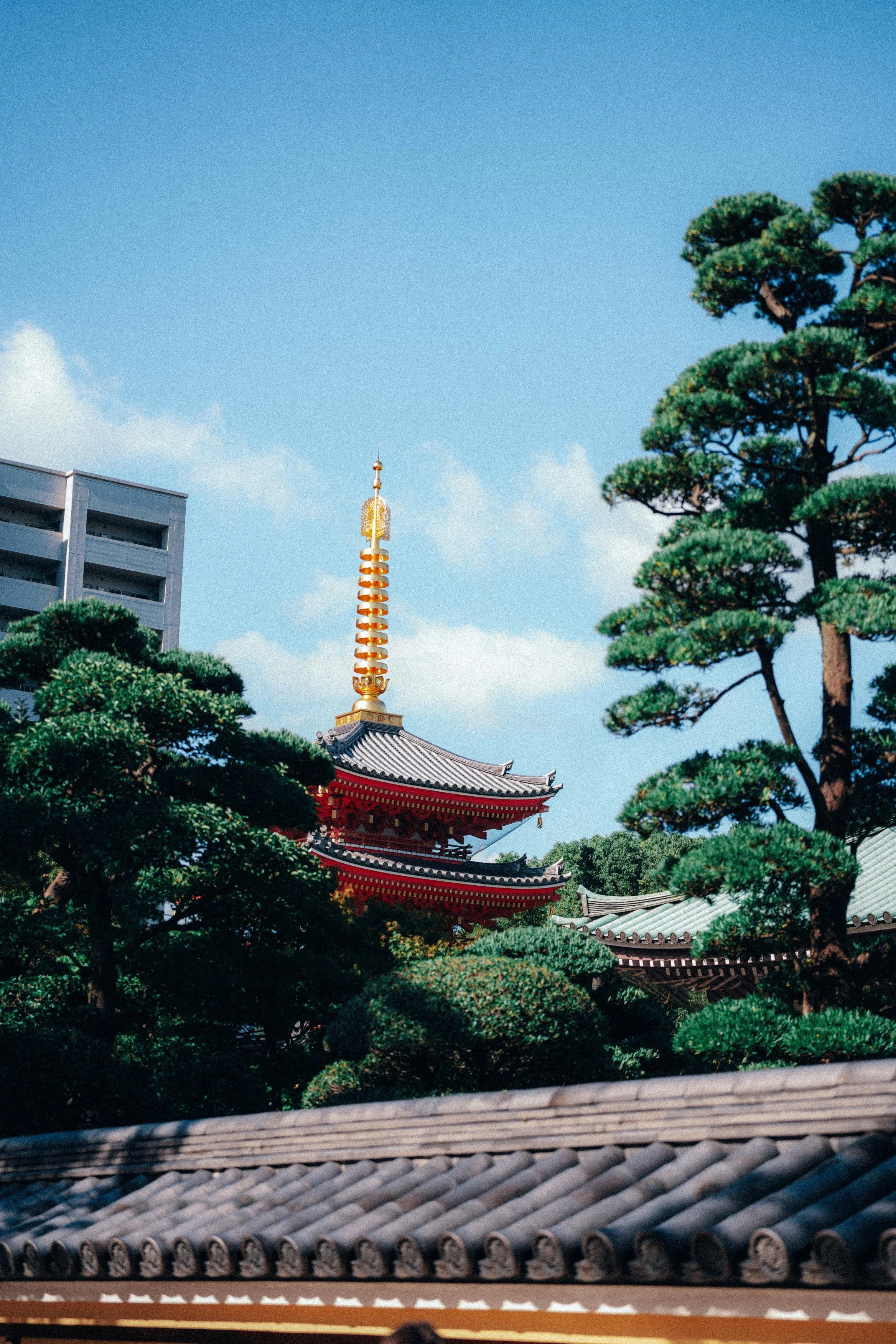 Traditional Japanese temple with ornate roof and a tall, golden spire, surrounded by green trees under a blue sky.