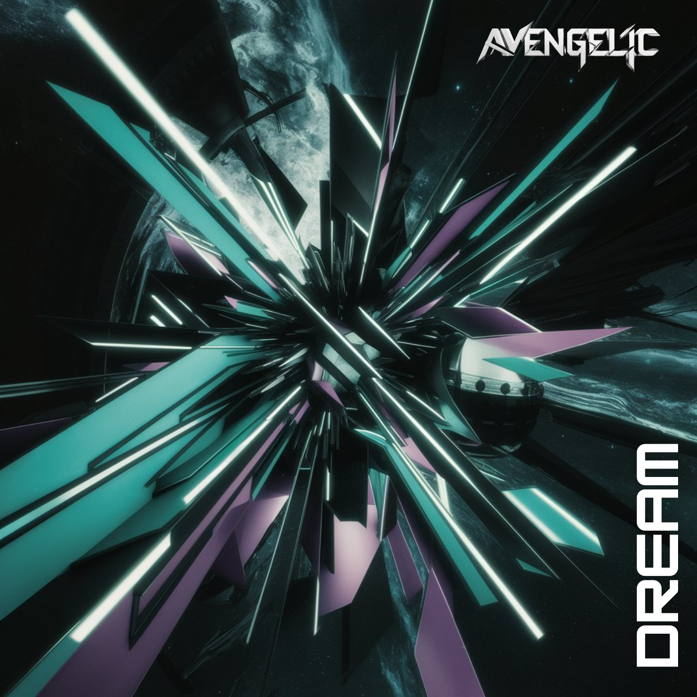 Futuristic digital artwork of a spaceship explosion with teal, purple, black, and white sharp, angular shards and rays in space, with Earth in the background. Title 'DEREAL' and the word 'AVENGALIC' appear in stylized fonts.