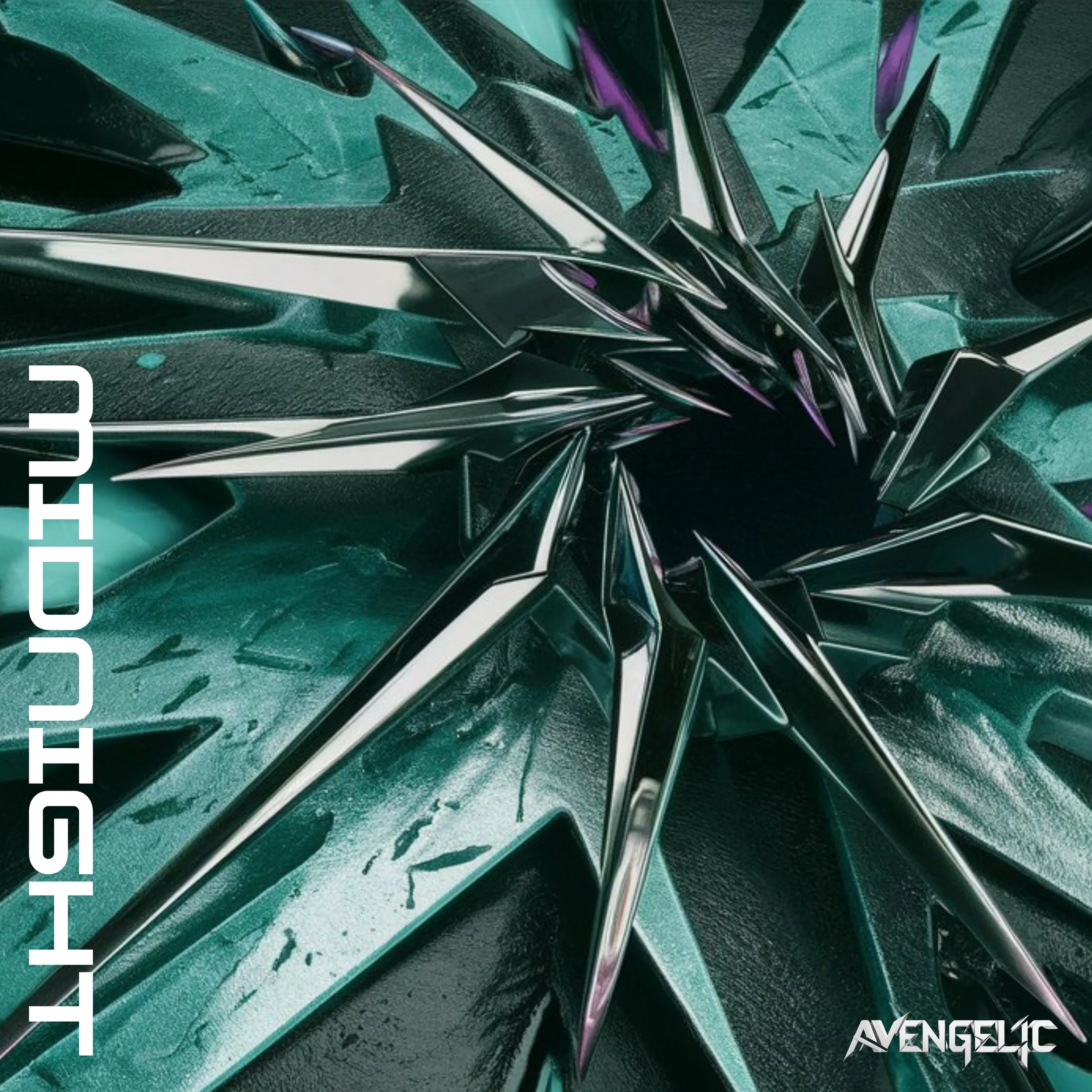 Futuristic, metallic, star-shaped object with sharp, pointed edges, set against a textured teal background with water droplets. The word 'COVERT' is written vertically on the left side, and 'AVENGELIC' is at the bottom right corner.