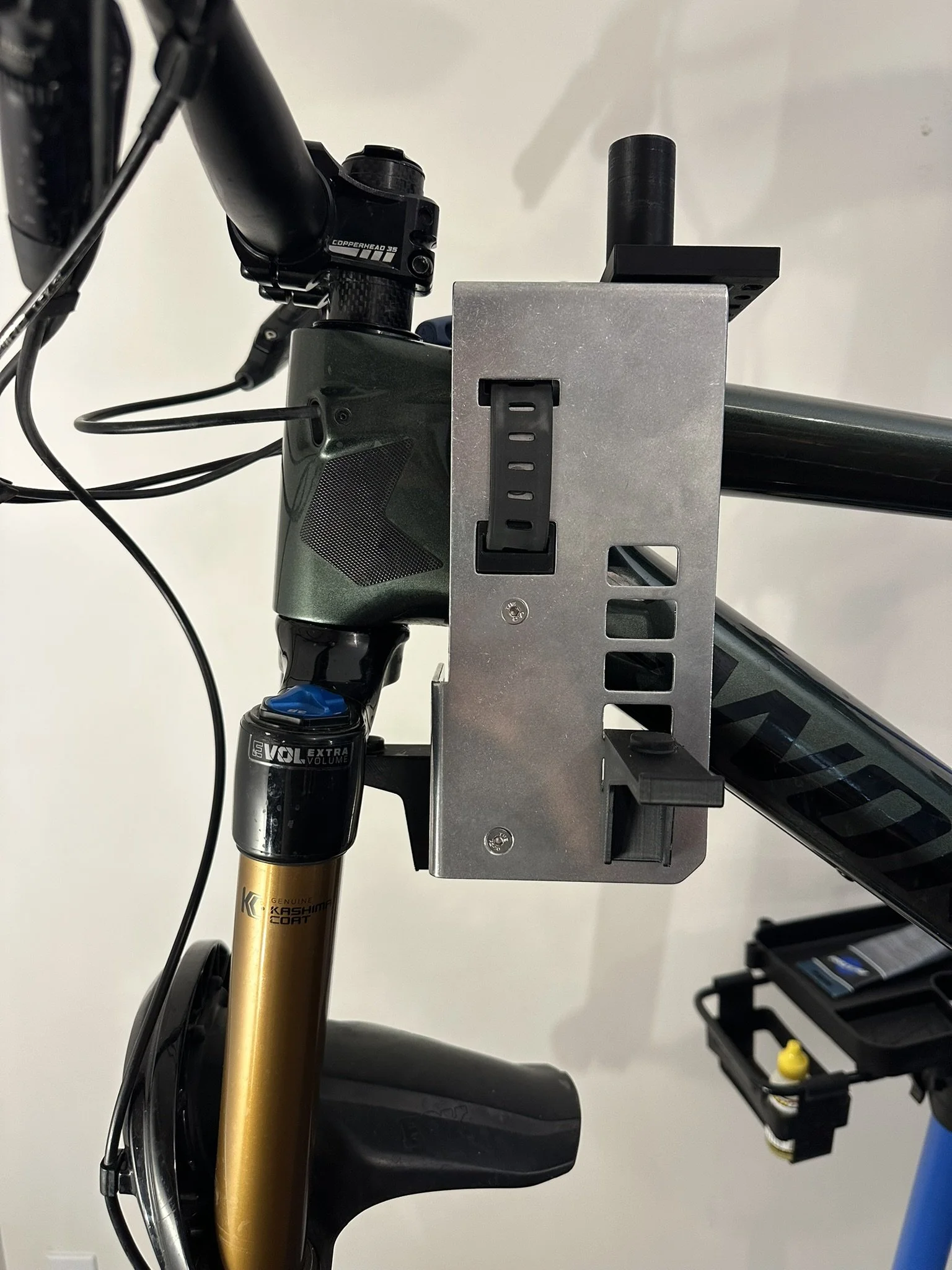 Bicycle headset service using a Steering Service Tool step one mounted to frame