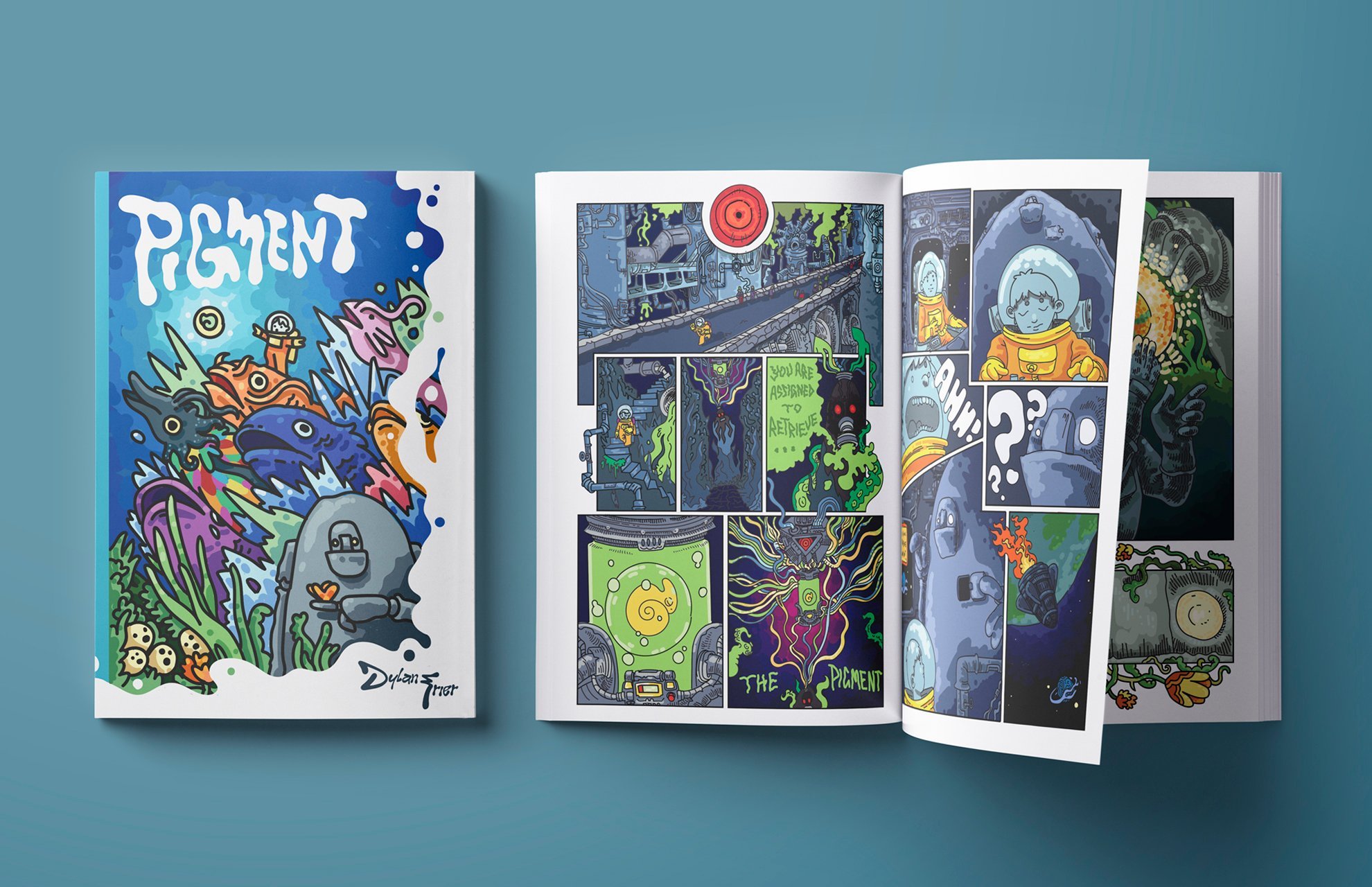 A illustrated children's book with vibrant colors about an astronaut boy and a robot. Award Winning ADDY book by Dylan Frier
