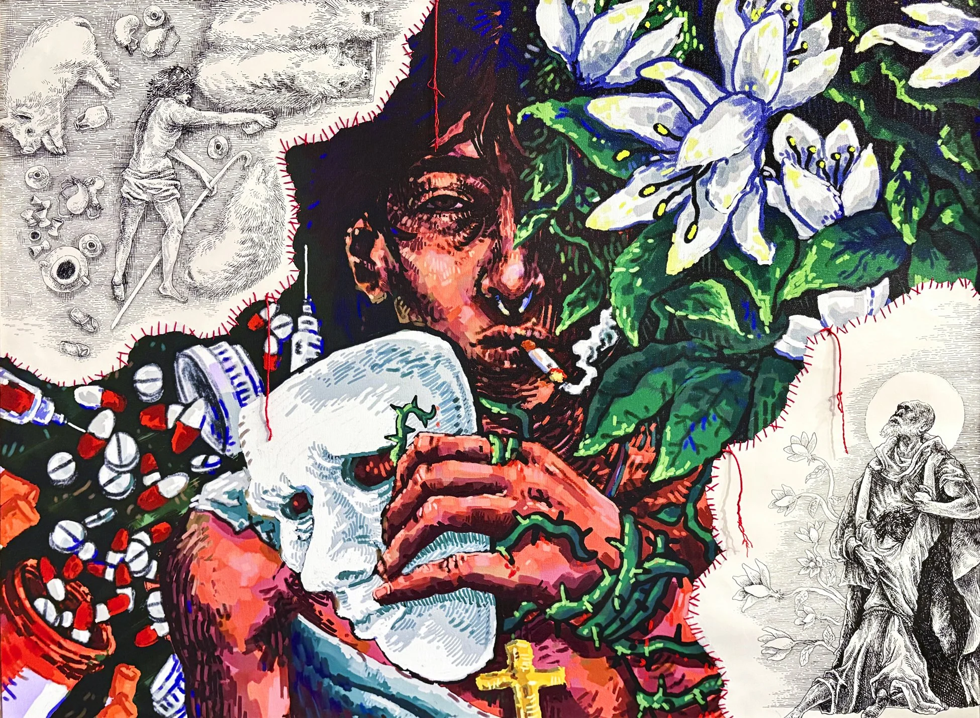 Wounds That Mend, 2025. Mixed Media, ink on paper, giclee print canvas, red thread - 30 x 40 in