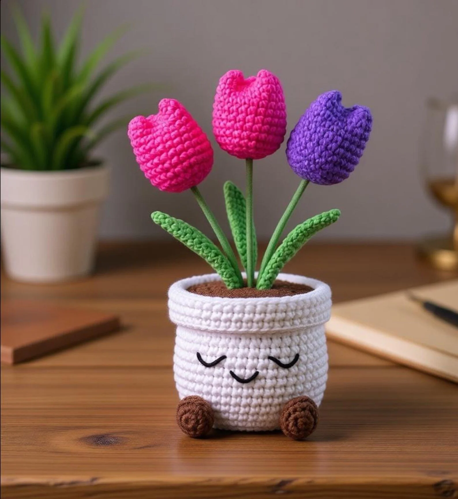 Crochet Tulip Pot Desk Decor Handmade Knitted Flower