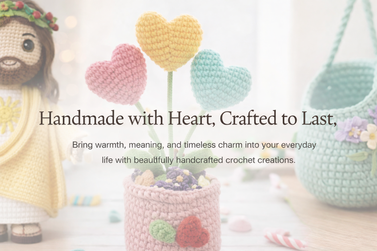 Crocheted heart-shaped flowers in pink, yellow, and blue in a pink pot with green leaf decorations, a crocheted figure resembling a girl in a yellow dress on the left, and a crocheted teal watering can with flowers on the right, with a light background.